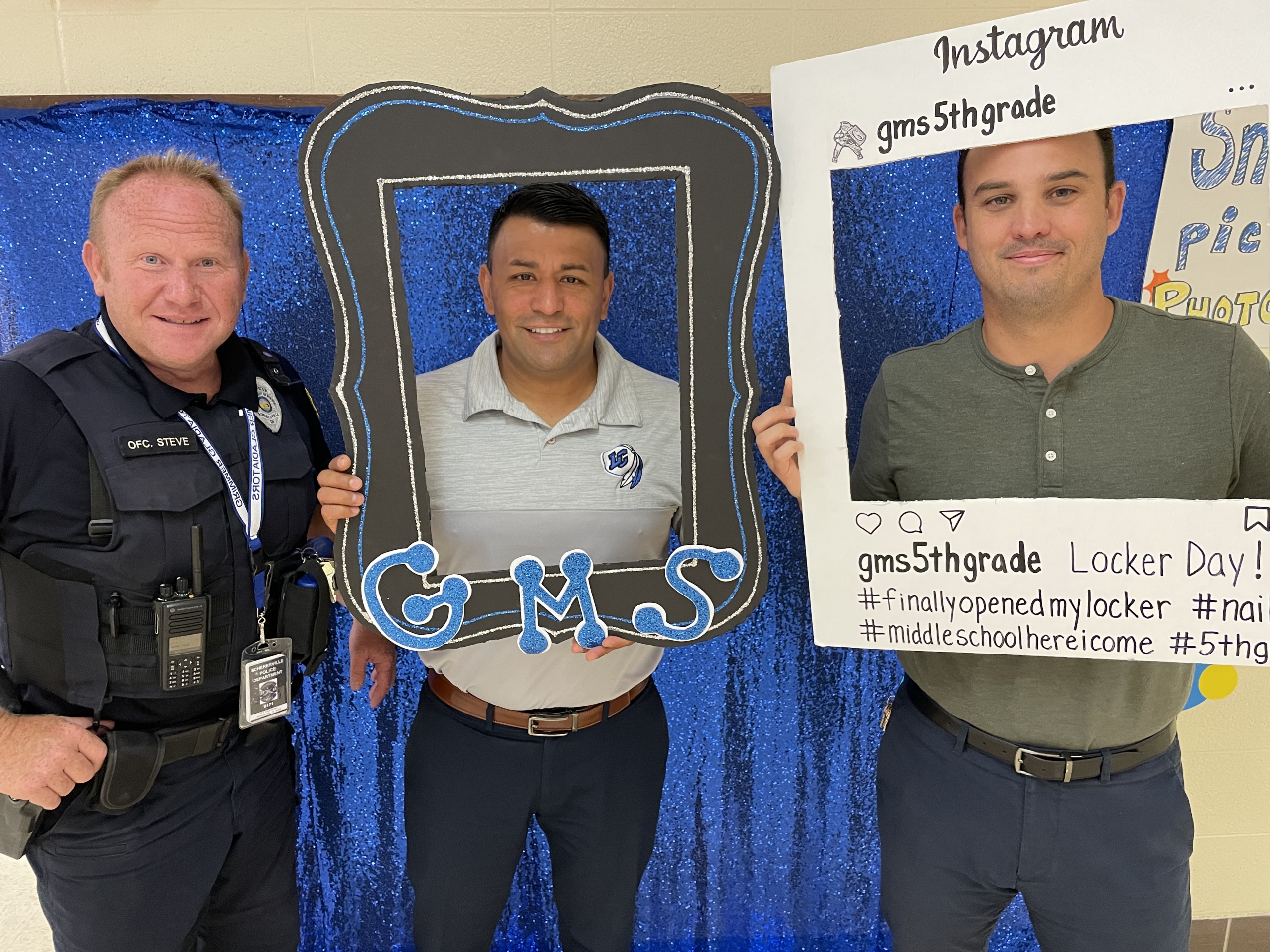 It was another successful Locker Day at Grimmer! School Resource Officer Steve Burton, Assistant Principal Mario Castaneda, and Principal Ryan Bounds were first in line to test-out the photo booth.