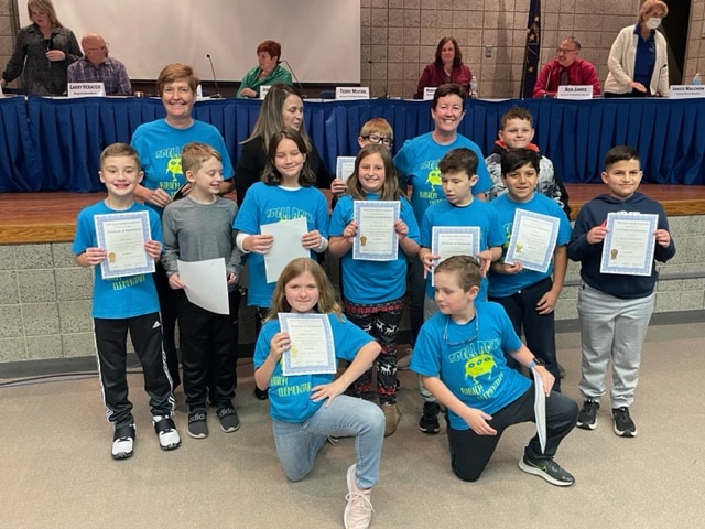 Our State Ranked Bibich Spell Bowl Team celebrated their win with their coaches at our School Board meeting!