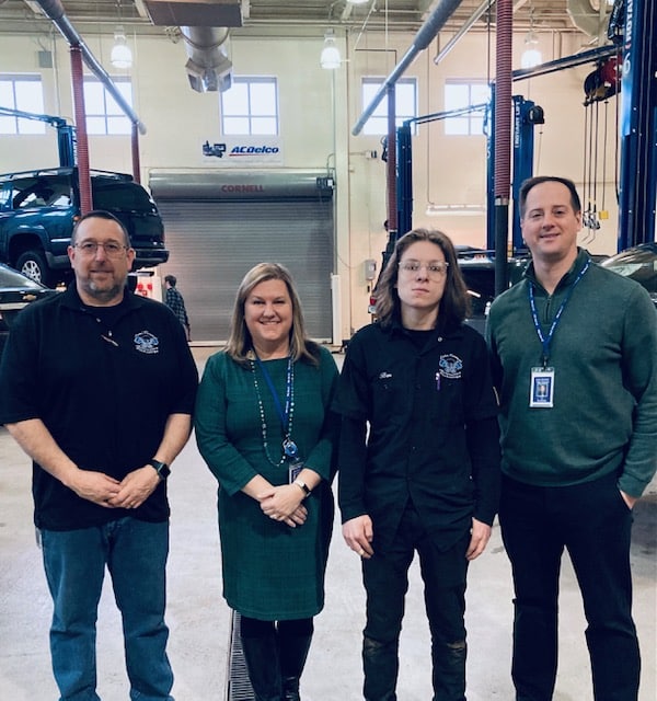 Auto instructor Mr. Wester, Head Principal Novak, and Assistant Principal Smolinski pose with Ben Shimala. Ben's performance at the regional SkillsUSA competition qualified him for the state competition. Ben will be competing at the SkillsUSA state competition in April.
