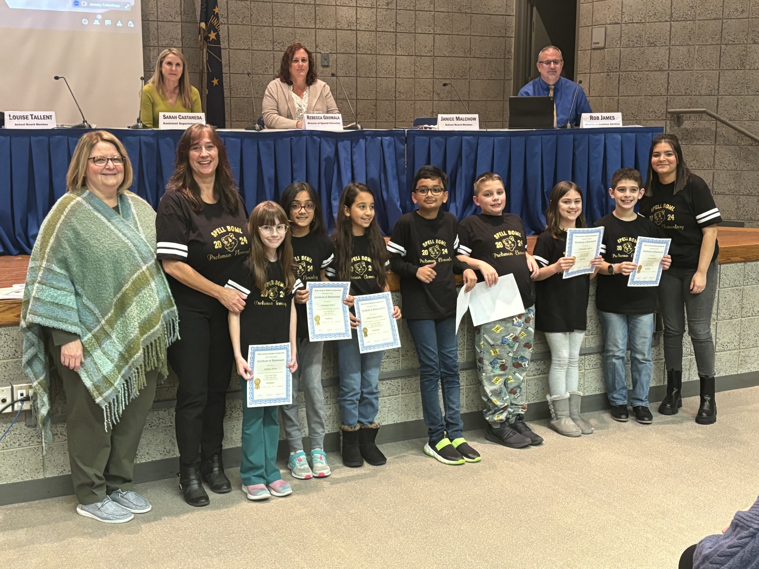 Protsman Bowl Team received congratulations for their State Top Ten placement at the 2024 Indiana Academic Spell Bowl. Pictured with the team: Principal Sapyta, and coaches Angela Correa and Melissa Ballenger.