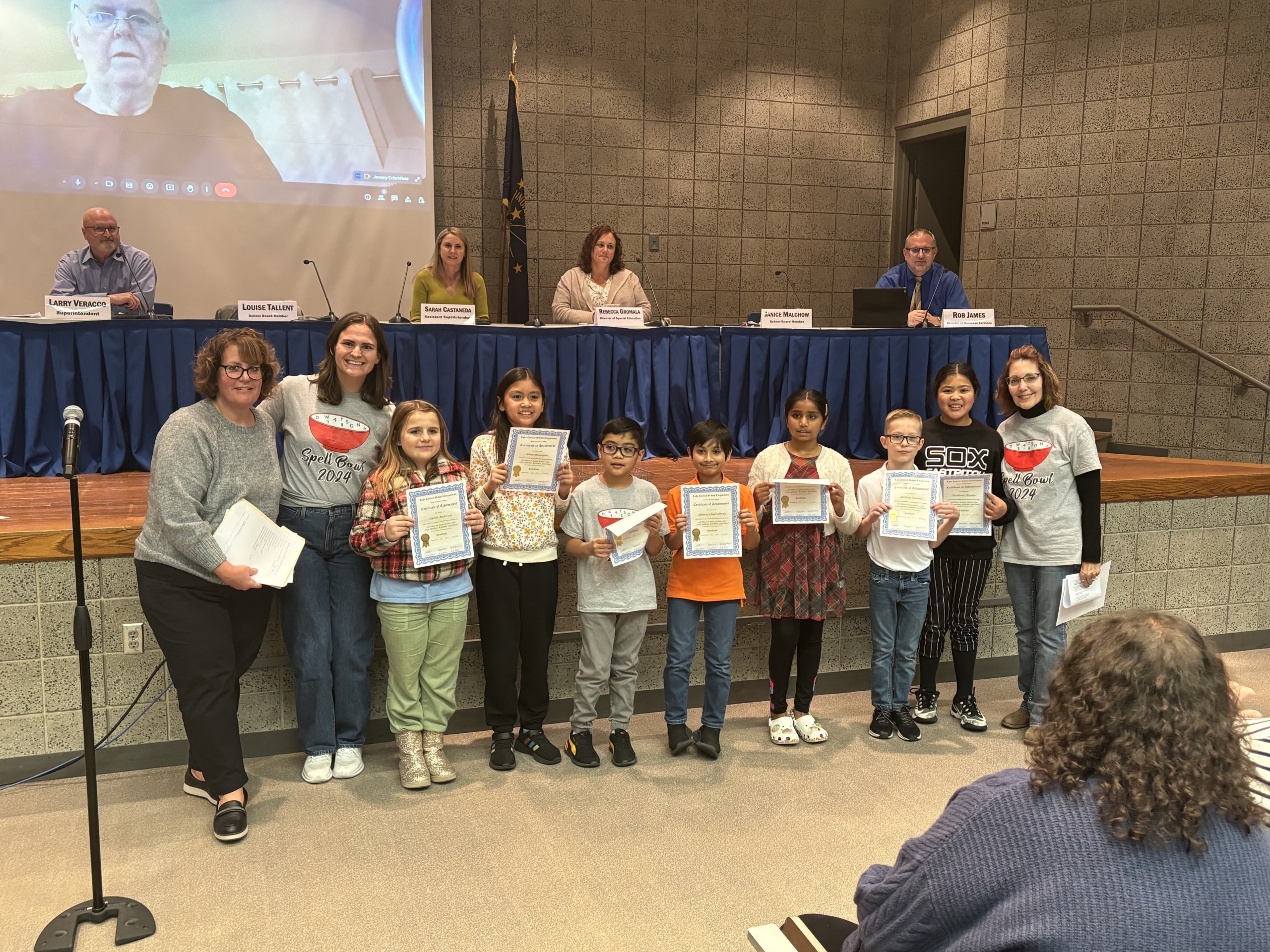 Watson Spell Bowl Team received congratulations at a recent School Board meeting for their 4th place win at the 2024 Indiana Academic Spell Bowl. Pictured with the team: Principal Lavin, and coaches Gretchen Pishkur and Andrea Guzek.