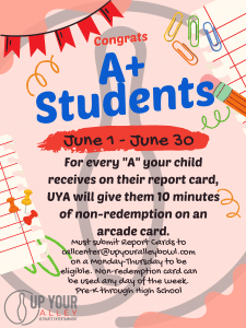 Up your Alley Arcade free minutes for A's on Report Card - All Grades