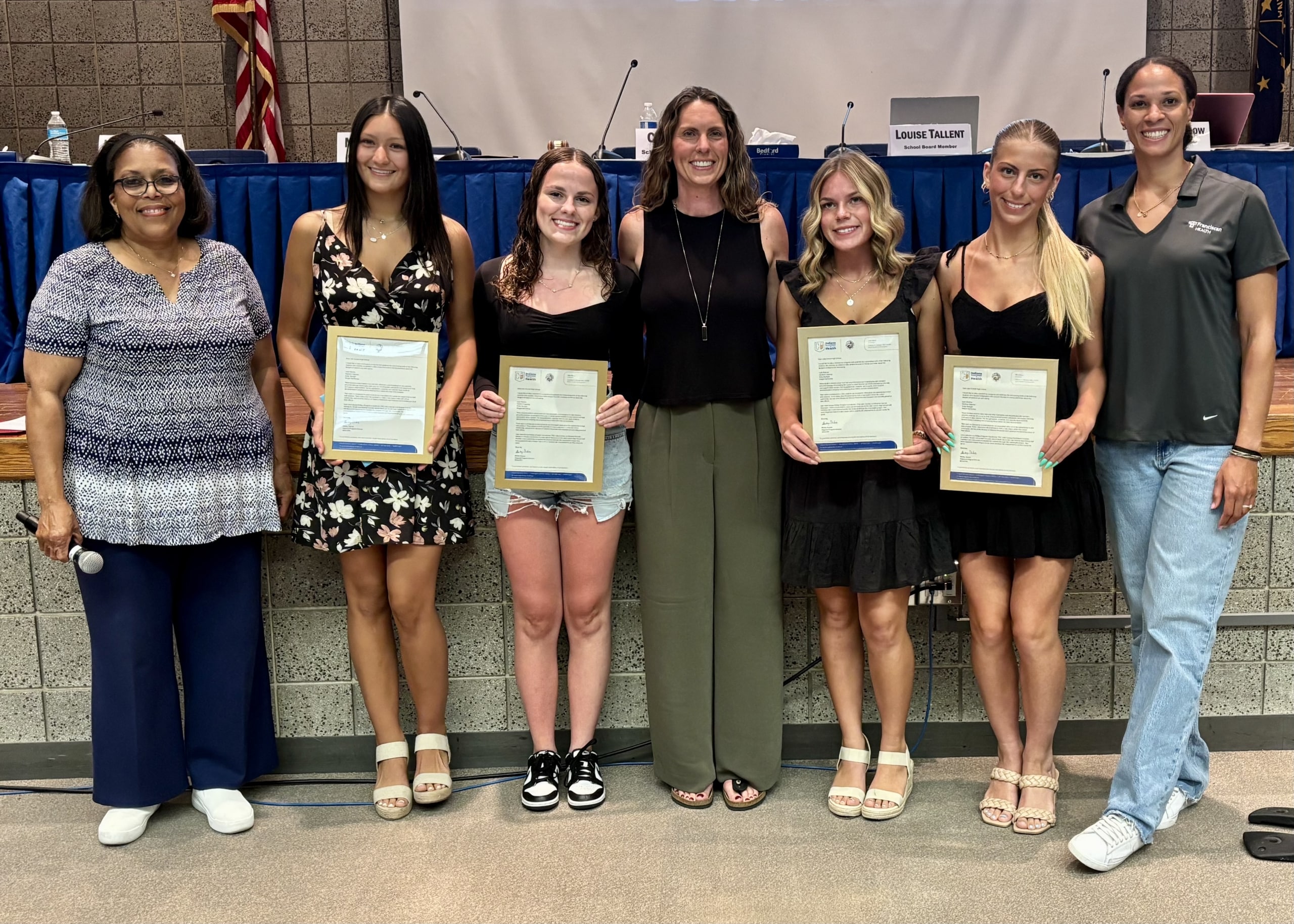 Four Lake Central students were acknowledged and awarded certificates for their individual videos about the dangers of Vaping. The videos have been selected by the Indiana Department of Health and will be used as part of their information to our community regarding Vaping. Pictured: Irene Phillips of Franciscan Health / Lake County Community Tobacco Prevention & Cessation Coalition, student Leah Fletcher, student Megan McCloskey, teacher Kristina Collard, student Madison Caposey, student Emily Humyak, and Bri Crowler, Lake County Youth/VOICE Coordinator.