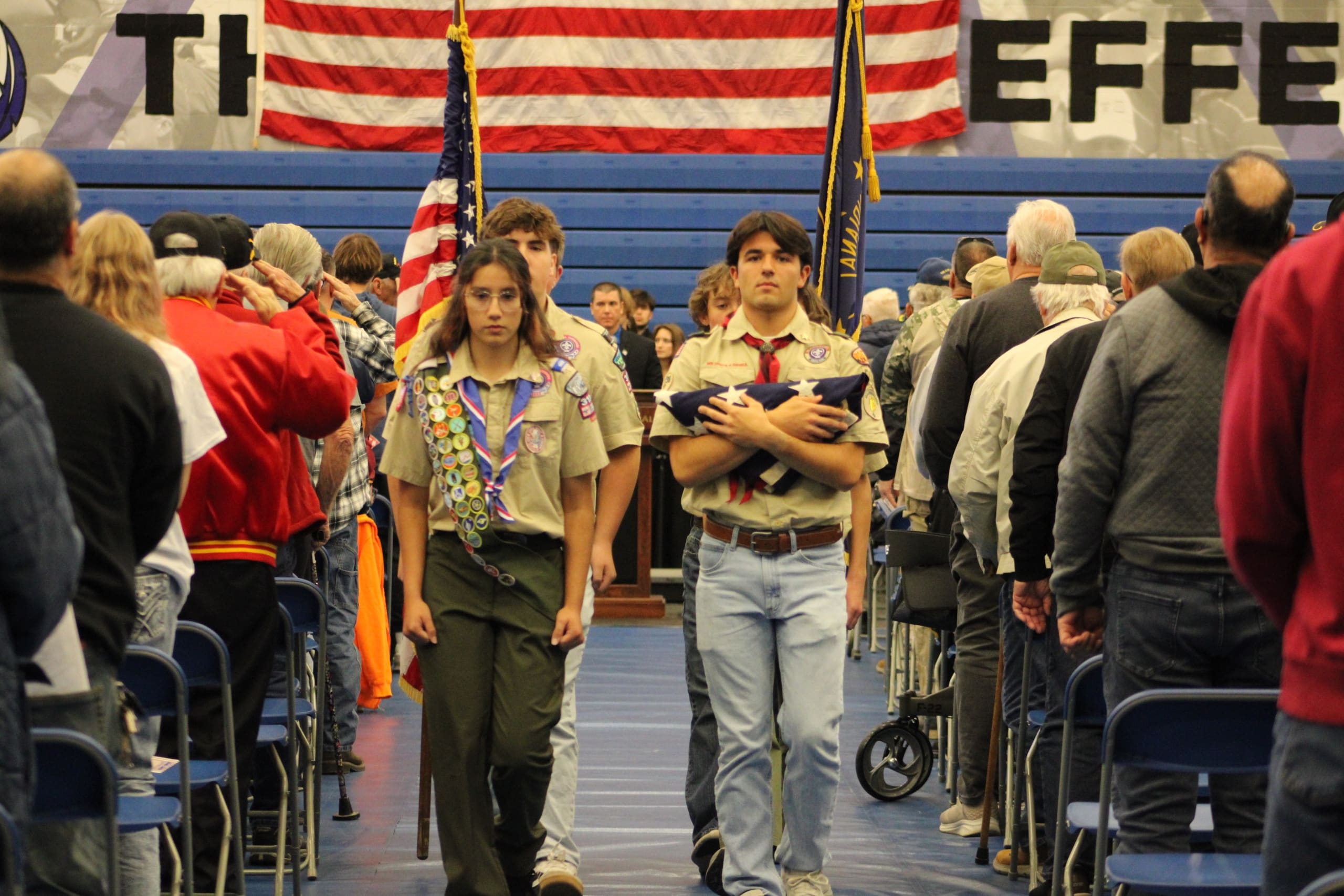 Boy Scouts of America Troops 532 & 561 during the Folding of the Flag ceremony at the LCHS Veteran's Day ceremony on 11/6/25