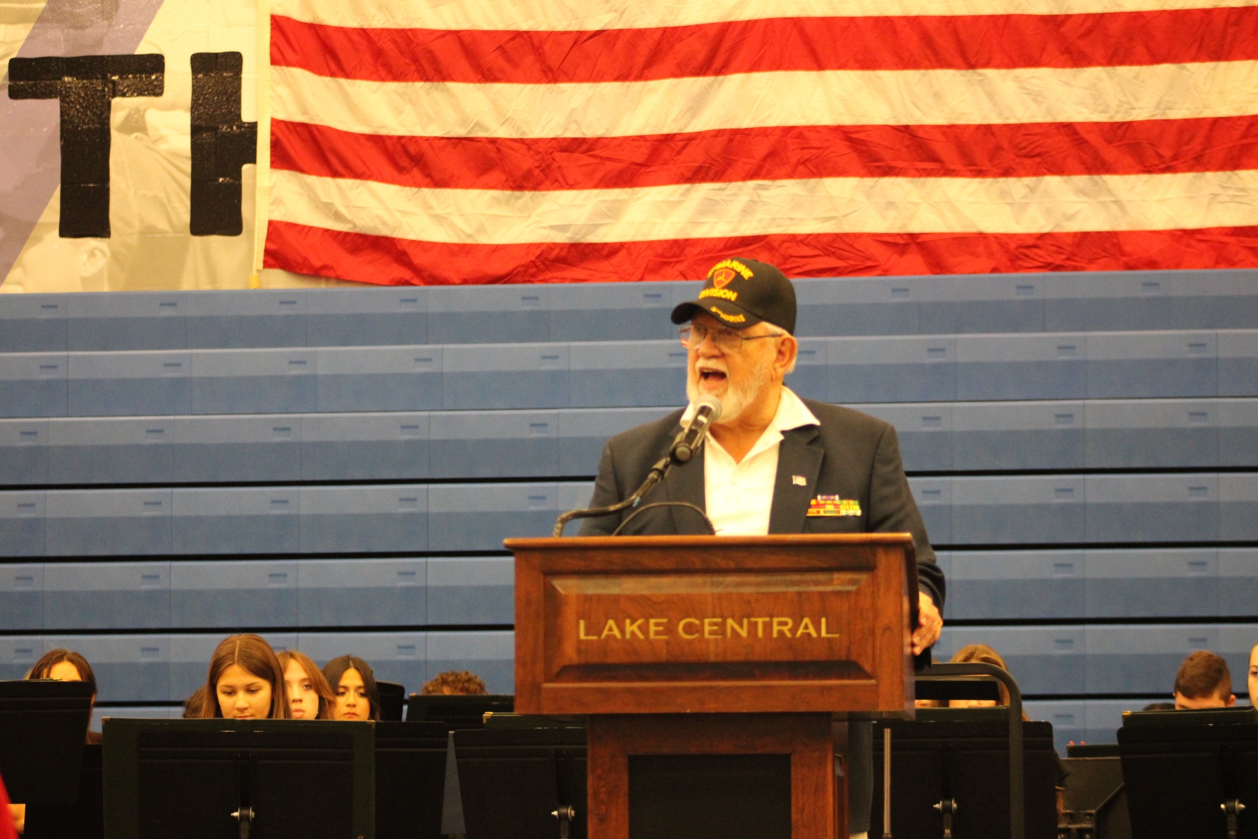 Keynote speaker William V. Taylor Jr. addresses the audience at the LCHS Veteran's Day Ceremony.
