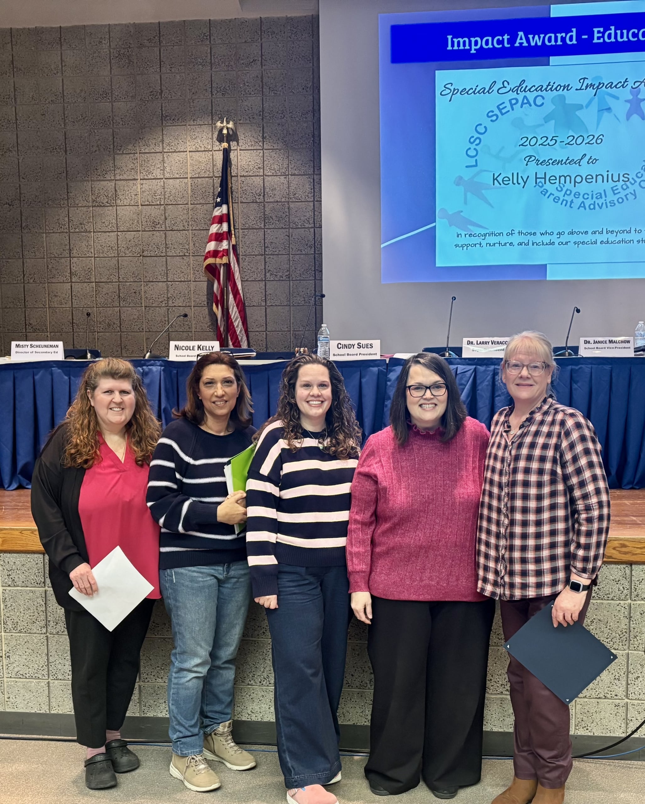 The 2025-26 Educator Impact Award was presented to teacher KELLY HEMPENIUS by the LC Special Education Parent Advisory Committee.