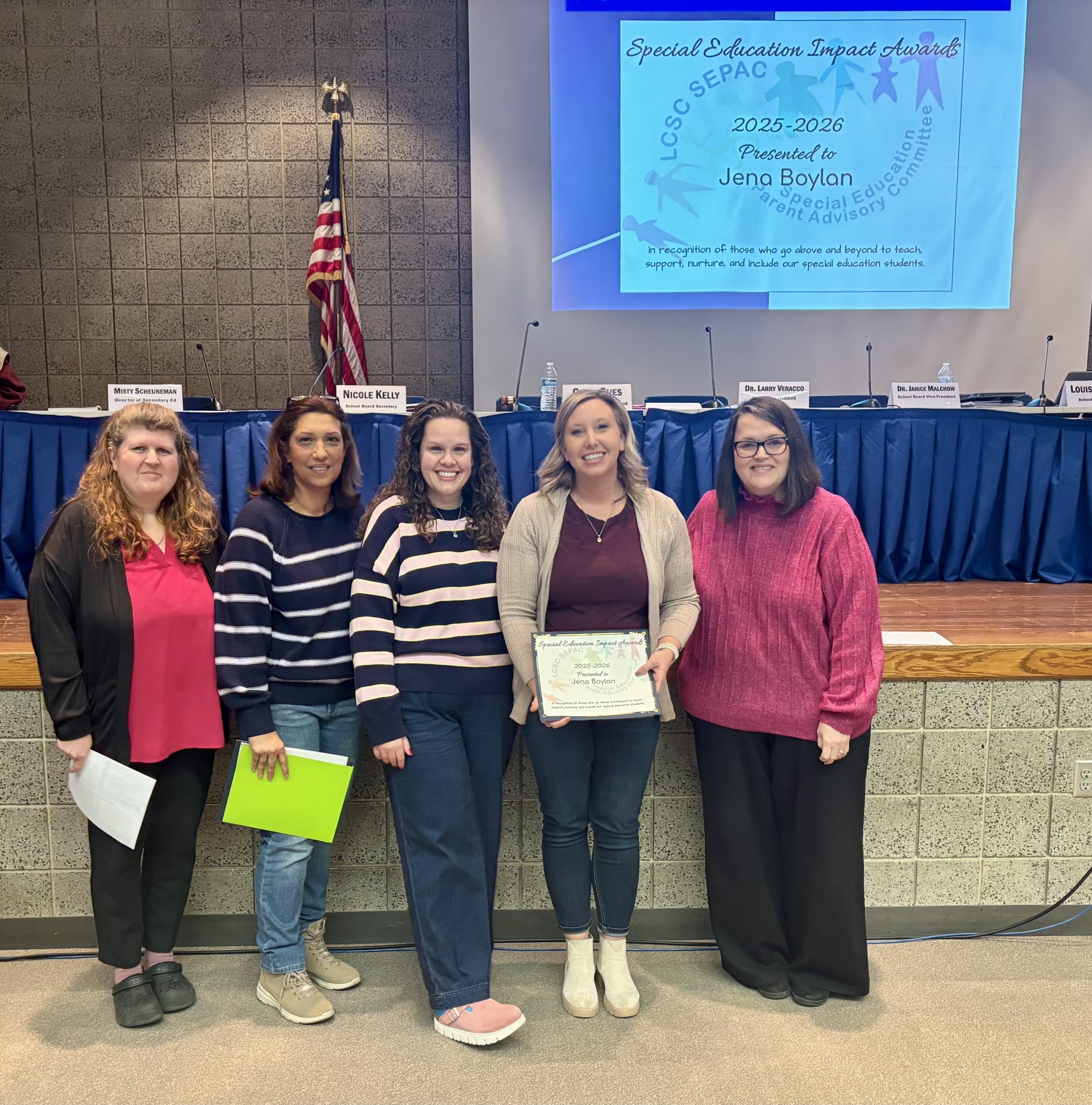 The LC Special Education Parent Advisory Committee presented JENNA BOYLAN with the Related Service Provider Impact Award for 2025-26.